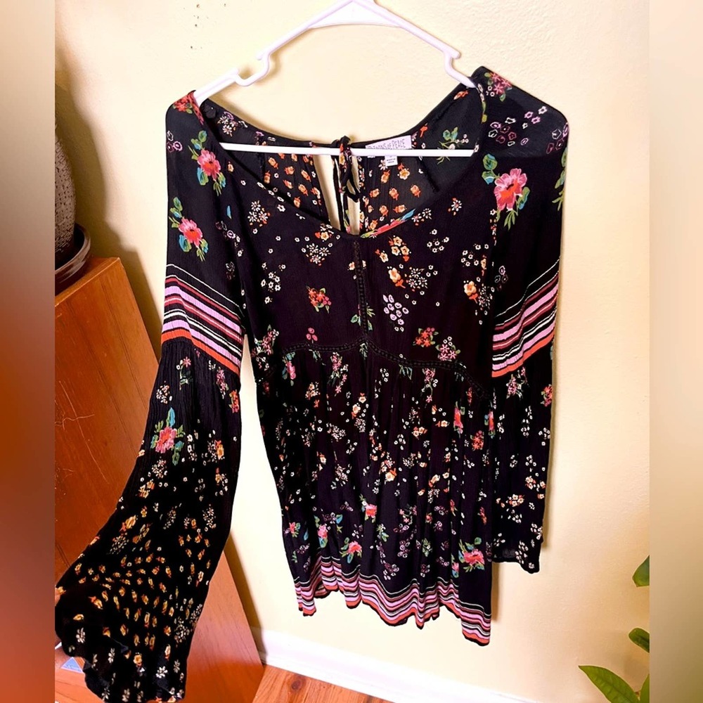 70’s Style Stevie bohemian hipppy black floral dress, Patrons of Peace, Sz Small